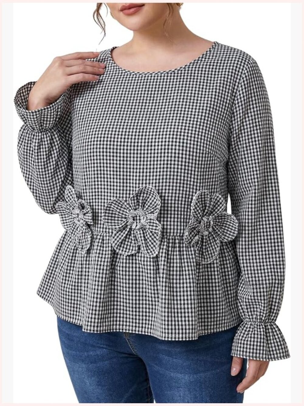 Plus Size Gingham Peplum Top with 3D Floral Lantern Sleeves